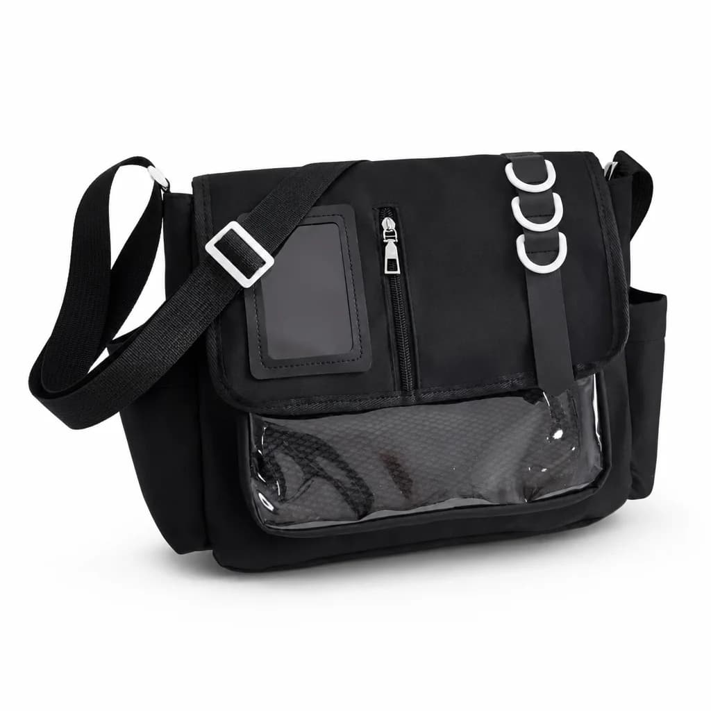 AI-enhanced studio view of the black messenger bag, with silver-tone D-rings and clear front panel